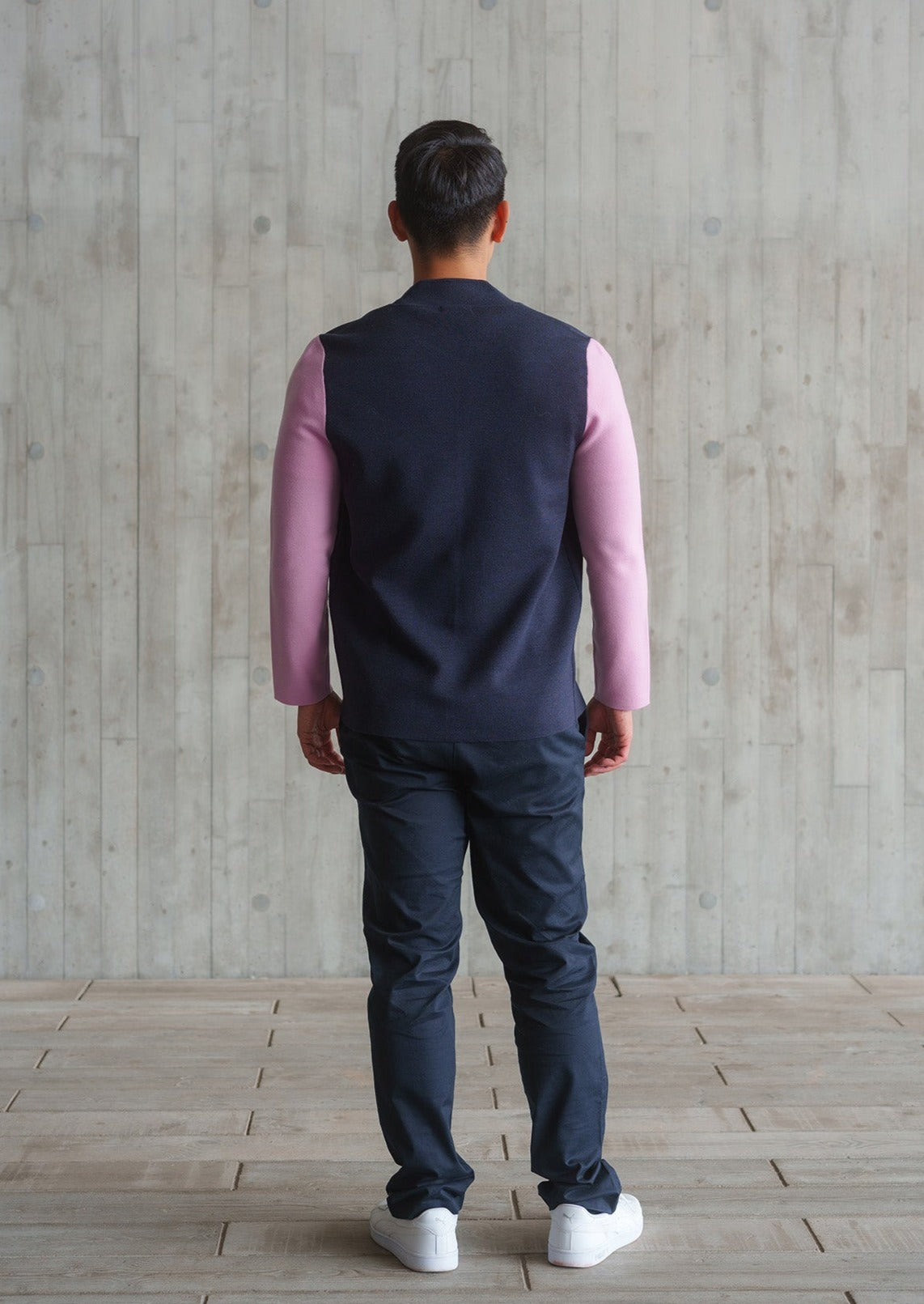 Color-Block Knit Tang Jacket (Dark Blue/ Pink)