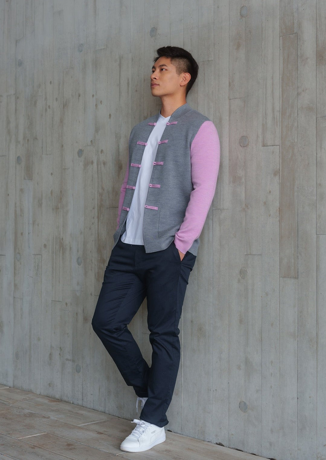 Color-Block Knit Tang Jacket (Grey/ Purple)