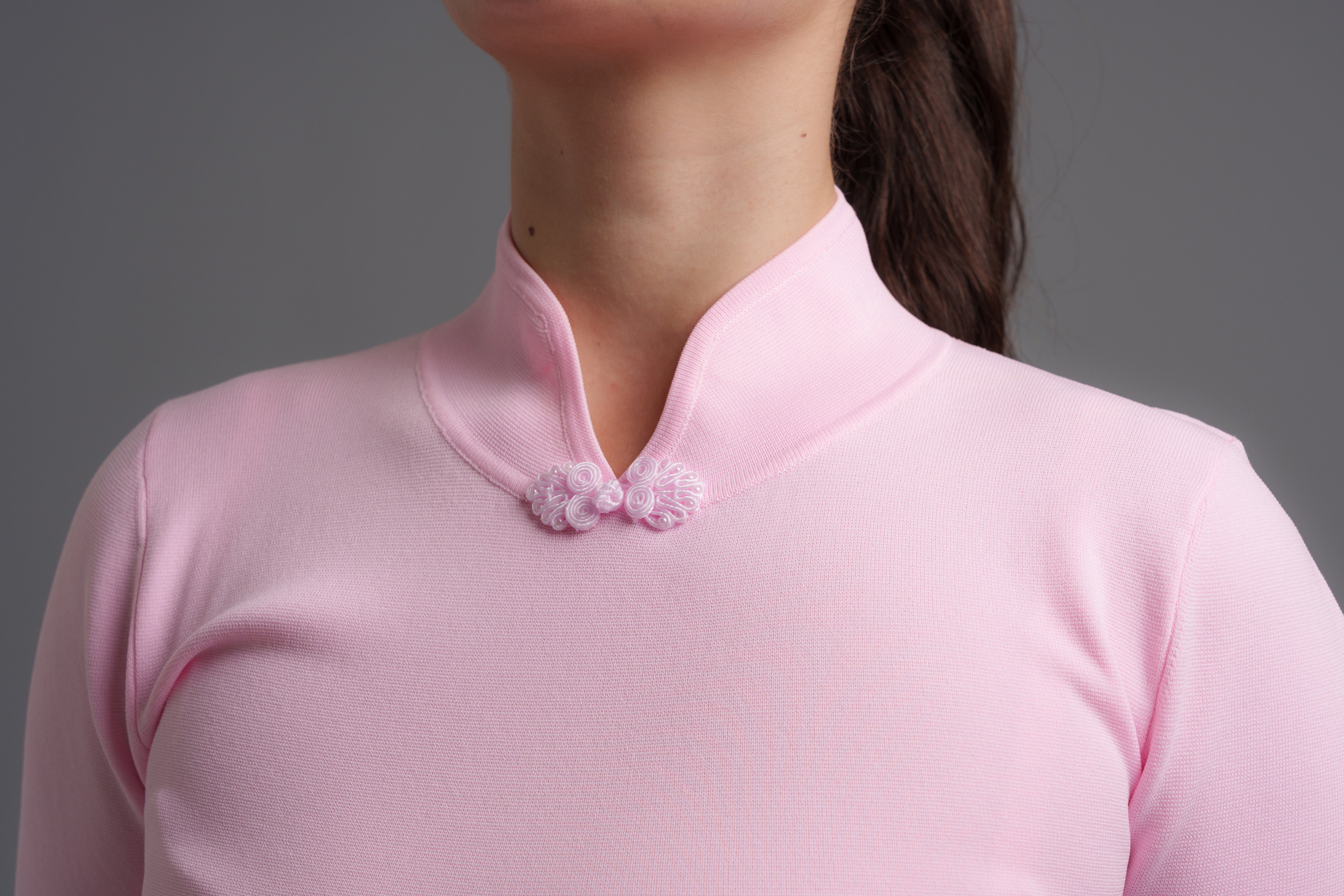 Short Sleeves Ruched Knitted Mini Qipao (Pink)
