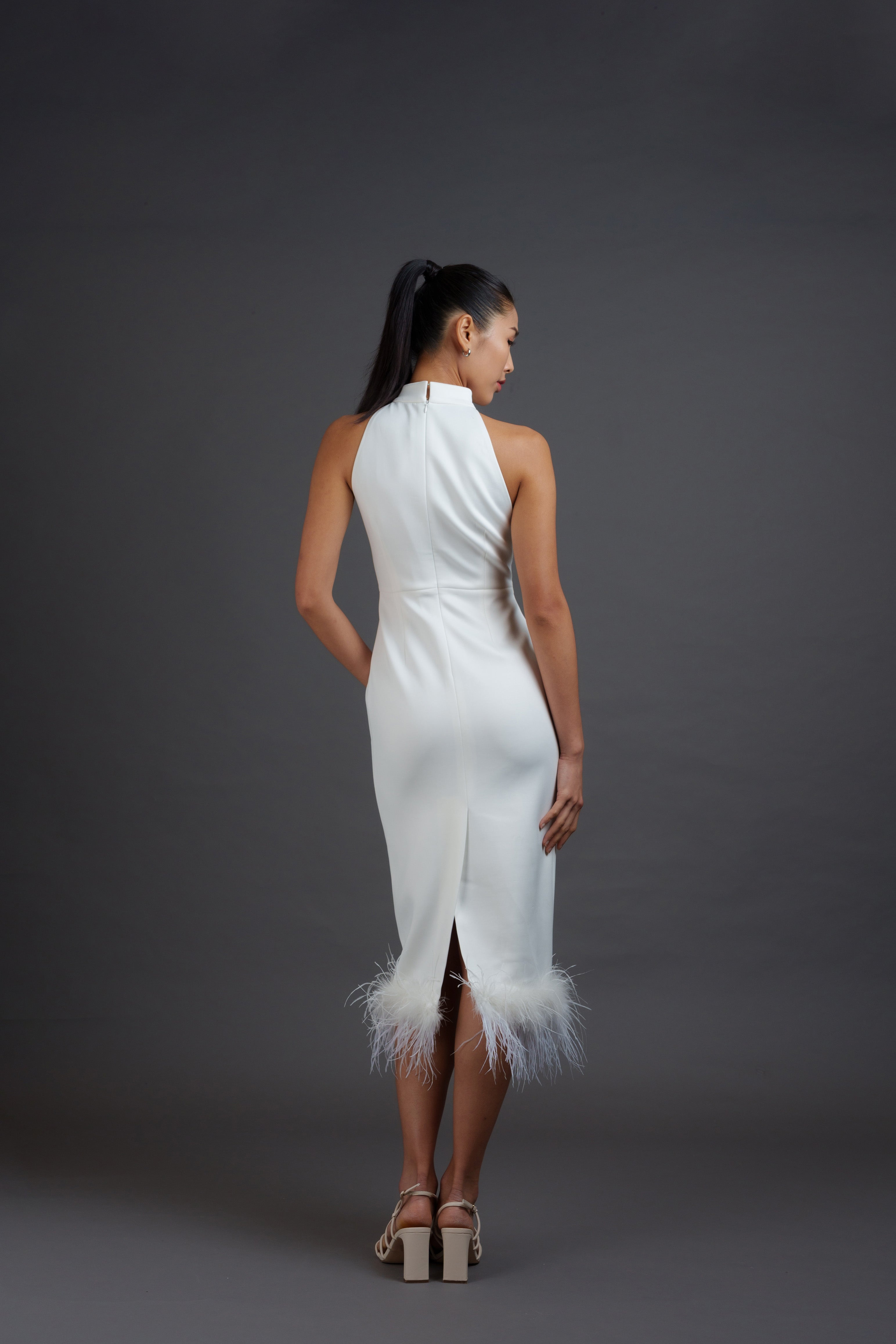 Halter Qipao w Feathers (White)