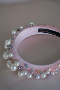 Oversized Pearl & Crystal Velvet Headband (Pink)