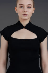 Knitted Qipao Top with Keyhole (Black)