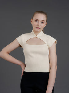 Knitted Qipao Top with Keyhole (Ecru)