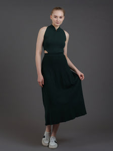 Halter Knitted Cut Out A-line Midi Qipao (Forest Green)