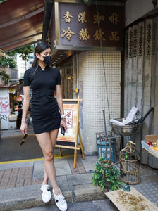 Short Sleeves Ruched Knitted Mini Qipao (Black)