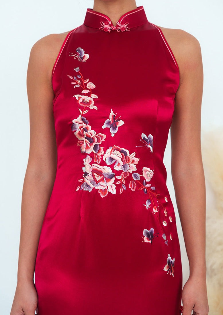 Halter Satin Qipao w Floral Embroidery