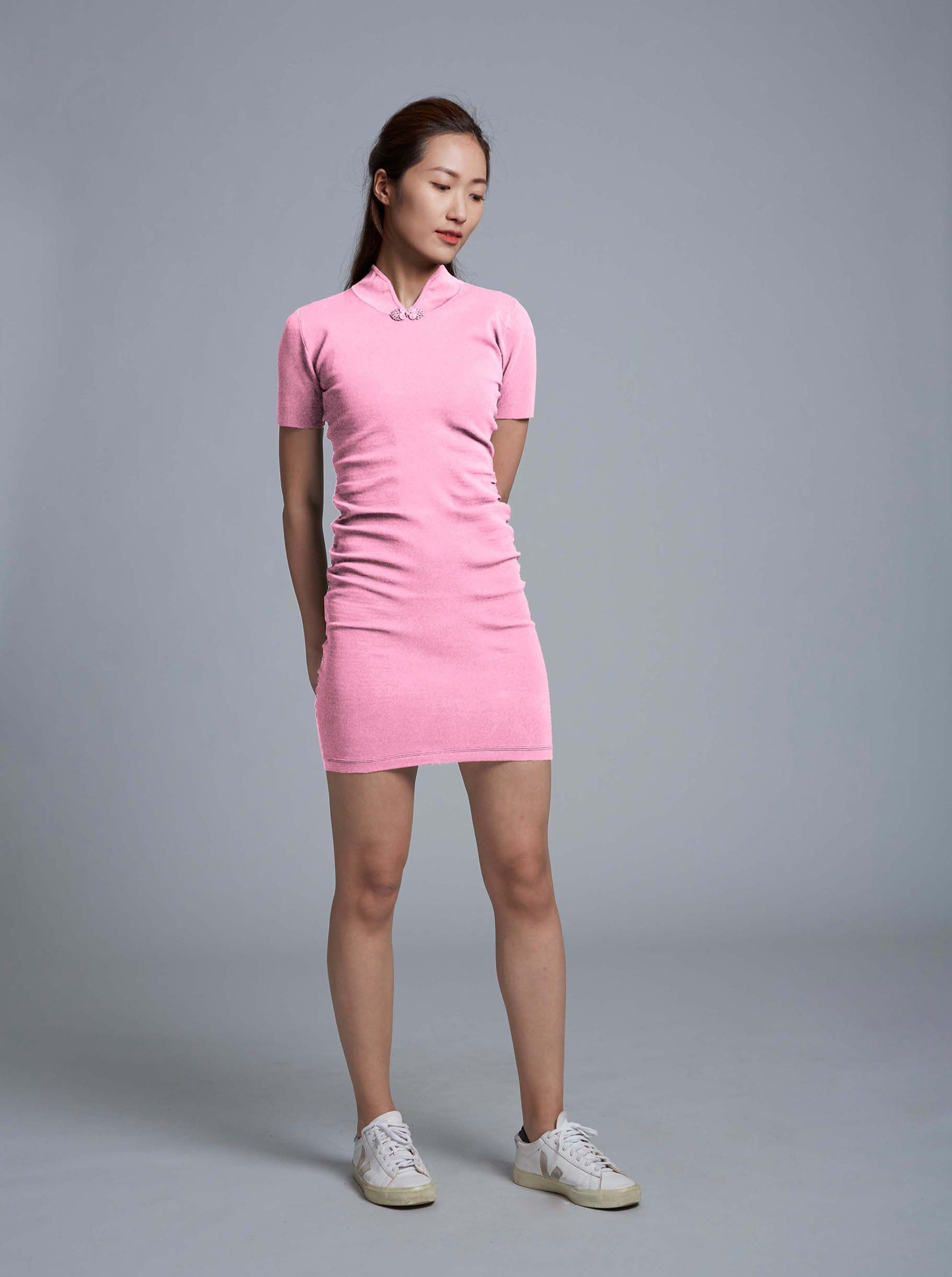 Short Sleeves Ruched Knitted Mini Qipao (Pink)