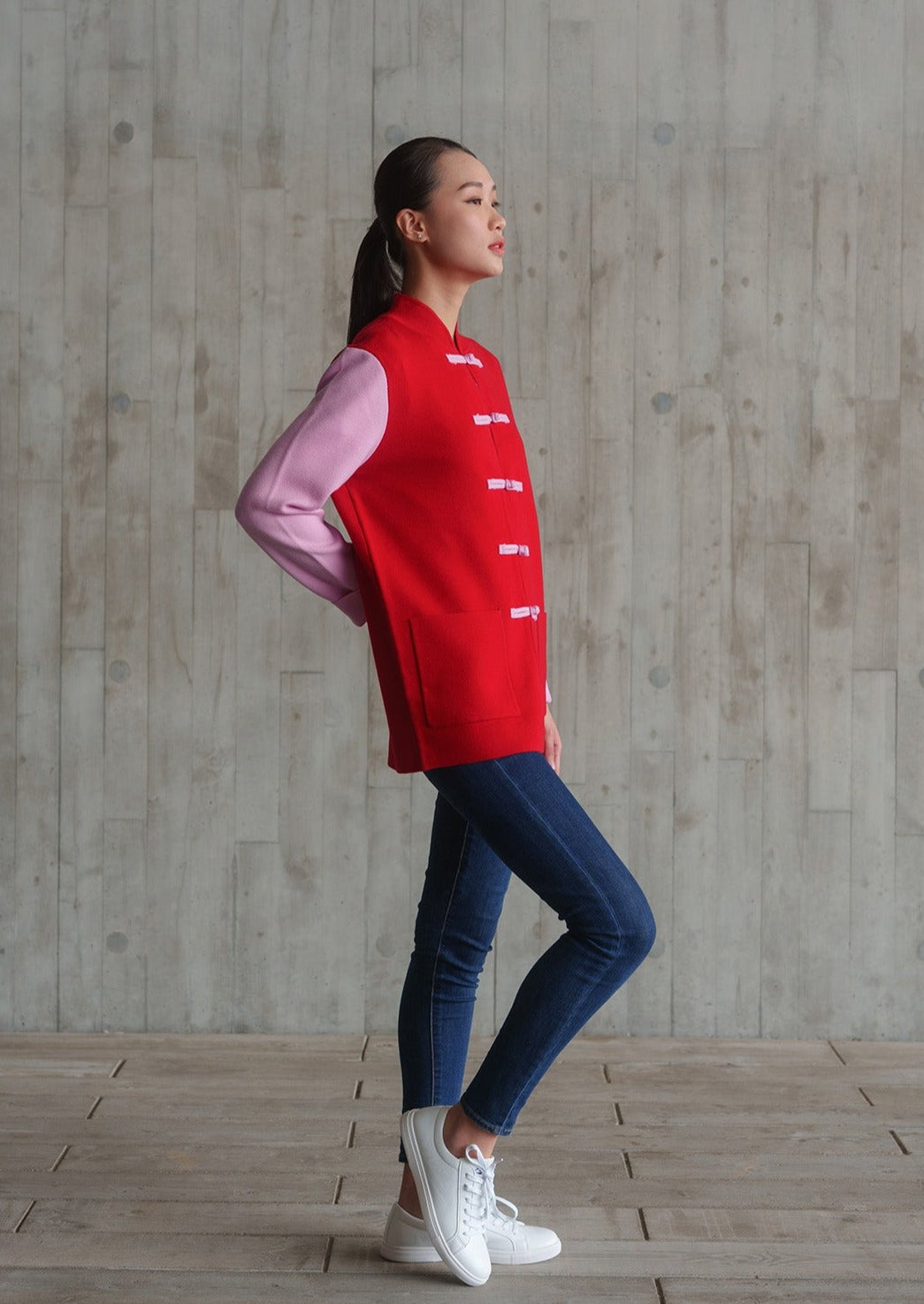 Color-Block Knit Tang Jacket (Red/ Pink)